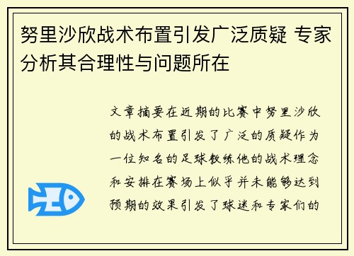 努里沙欣战术布置引发广泛质疑 专家分析其合理性与问题所在